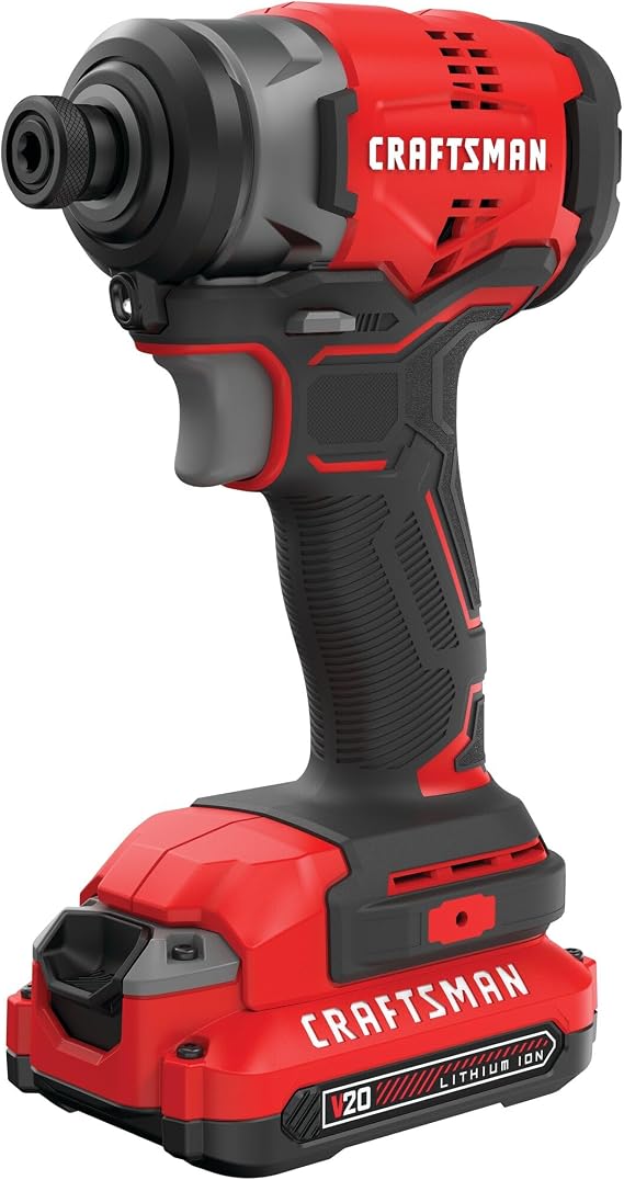 CRAFTSMAN V20 Cordless Impact Driver Kit, 1/4 inch, Battery and Charger Included (CMCF810C1), Black Red