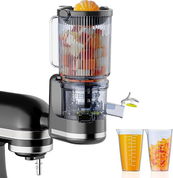 Juicer Attachment for KitchenAid, Cold Press Slow Juicer with 4.9 Large Feed Chute for Whole Fruits & Vegetables, Includes 2  1L Measuring Cups for KitchenAid Accessories and Attachments, Black