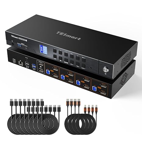 TESmart 4K@144Hz Displayport KVM Switch 2 Monitors 4 Computers | DP 1.4 KVM Switch Dual Monitor 8K@60Hz, USB 3.0, Support EDID, Gigabit Network, Hotkey Switch, VRR, All Input Cables