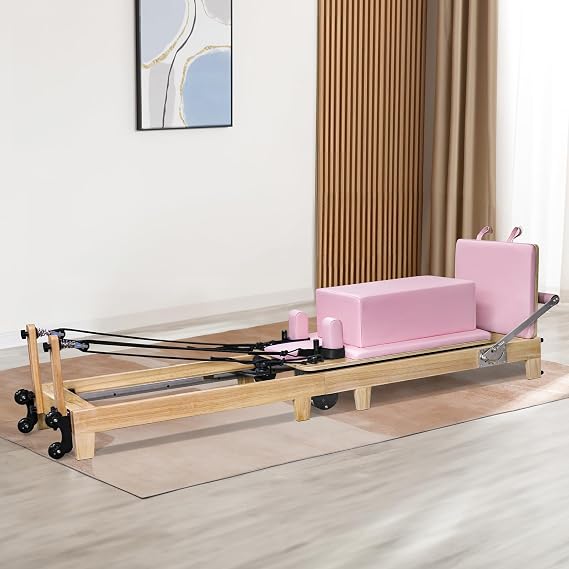 Pilates Reformer Home Equipment All-in-One Rubber Wood Foldable Pilates Bed Exercise Strength Training Foldable Reformer Equipment for Studio Home Gym Yoga Exercise Silent Pilates Chair - Pink