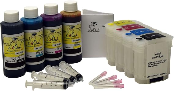 InkOwl Refillable Cartridge Replacement for HP 82 Black and Color, DesignJet 510 (Includes 4x120ml USA-Made Ink)