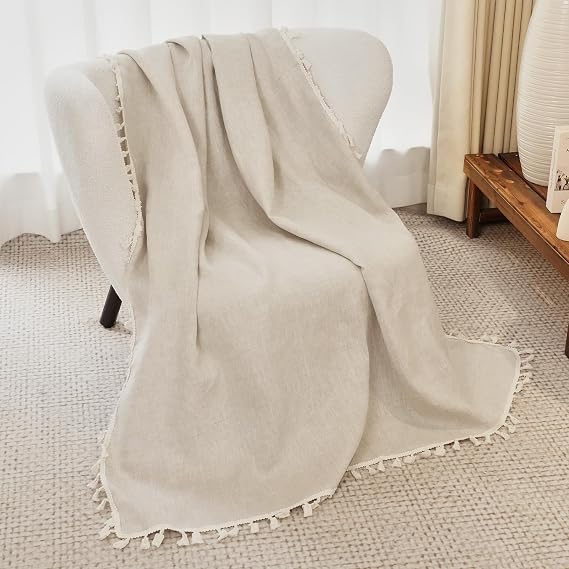 100% Pure Linen Throw Blanket with Fringe,Cosy and Soft Blanket Throw 49.6" x 59.8" - Breathable Lightweight Blankets Throws for Sofa Office Chairs Living Room Decor,Linen