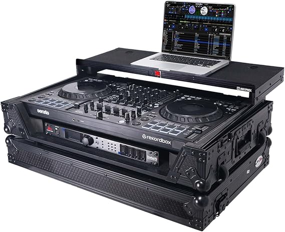 ProX XS-DDJFLX10WLTBL ATA Flight Style Road Case For Pioneer DDJ-FLX10 DJ Controller with Laptop Shelf 1U Rack Space Wheels and LED Black Finish