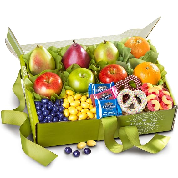 A Gift Inside Gourmet Fresh Fruit and Chocolate Gift Basket - Fresh Pears, Apples & Navel Oranges with Chocolate Covered Pretzels, Blueberries, Jordan Almonds & Ghirardelli Chocolate Squares Gift Box with Ribbon