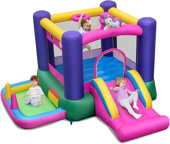 COSTWAY Kids Bouncy Castle, Inflatable Bounce House with Slide, Ball Pit, Basketball Hoop and Carry Bag, Children Blow Up Jumper for Indoor Outdoor (Unicorn without Blower)