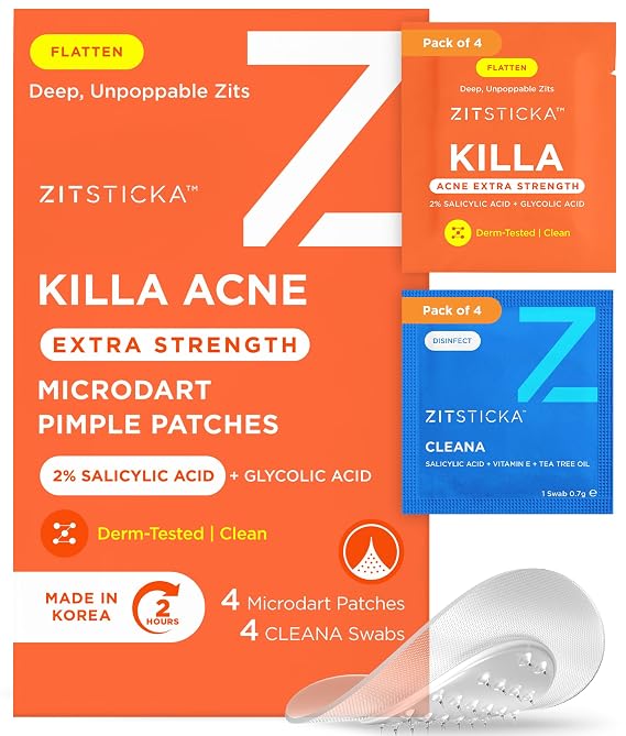 ZitSticka Killa Acne Extra Strength Microdart Pimple Patches For Face, 4 Ct | OTC Acne Treatment with 2% Salicylic Acid, Visible effect in 2 hours, Individually-sealed Aluminum Pouches, All skin type