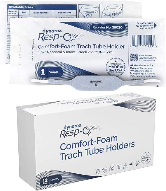 Dynarex Comfort-Foam Tracheostomy Tube Holder - with Soft Foam Tube Padding & Secure Hook & Loop Closure, Supports & Stabilizes Airflow - Tracheostomy Supplies - Box of 12 (Small)