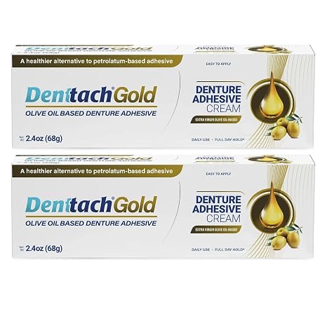 Gold Denture Adhesive, Petroleum Free Olive Oil Based Premium Denture Adhesive Cream for Full and Partial Dentures, All Day Secure Hold Denture Glue, Zinc Free, 2.4 Ounce (Pack of 2)