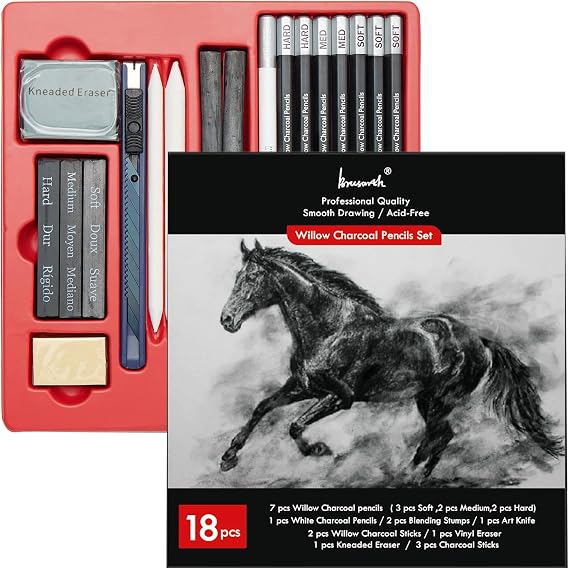 Brusarth 18 Pcs Charcoal Pencils Art Kit for Drawing, Sketching | Art Sketching Pencil Supplies for Drawing, Shading, Sketching, Blending, Artist Pencils for Beginners & Artists