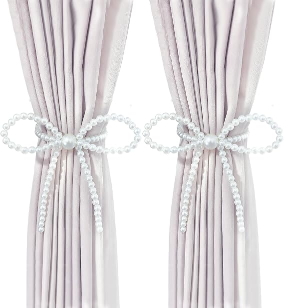 Pearl Bow Magnetic Curtain Tiebacks 2 Pack, No Drill Curtain Holdbacks with Strong Magnets, Decorative Pearl Curtain Holders for Living Room Bedroom Home Decor