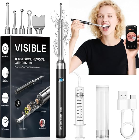 Tonsil Stone Remover with Camera with 1080P Camera, 5 Stainless Steel Heads, Irrigator,for iOS & Android (Black)