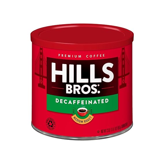 Hills Bros. Decaffeinated Ground Coffee Premium Arabica Coffee Beans Medium Roast, Rich Flavor Cup After Cup Recyclable Steel Can for Freshness Certified Kosher 23 OZ Can