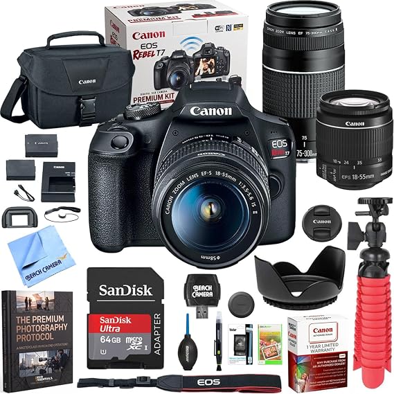 Canon T7 EOS Rebel DSLR Camera with EF-S 18-55mm f/3.5-5.6 is II and EF 75-300mm f/4-5.6 III Lens Plus Double Battery, Memory Card, Deluxe Case, Cleaning Kit and Mini Tripod Accessory Bundle