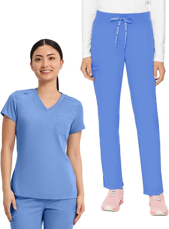 Med Couture Touch Scrub Set for Women V-Neck Top MC7448 & 6-Pocket Yoga Waist Pant, Ultra Soft Stretch Medical Uniform MC7725, XL Top/XL Pant, Ciel