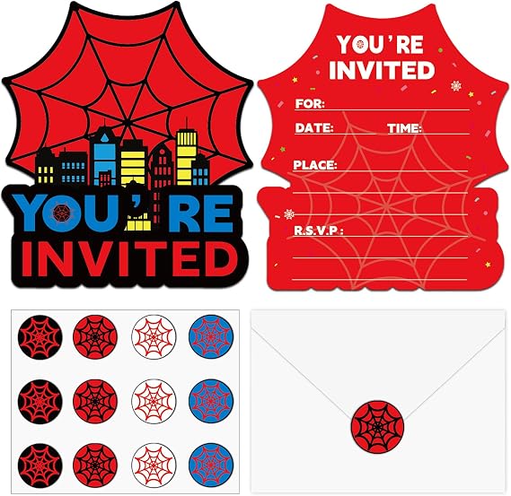 28 Pack Hero Party Invitations Cards with Envelopes and Sticker Spider Birthday Decorations Super Theme Hero Party Fill-in Invitations Spiderweb Invitation for Boys Kids Baby Shower Birthday Supplies