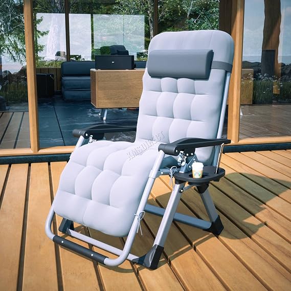 BIRCHTREE Sun Recliner Adjustable Folding Lounge With Thick Cushion Foot Cover Patio Deck Cup Drink Holder Garden Beach Textilene Head Rest Chairs Grey