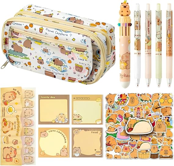 12-piece set of capybara pencil case, multi-layer stationery set, multifunctional pencil case, large capacity zipper box, including capybara pen stickers and stickers
