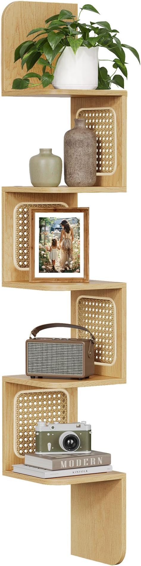 VASAGLE 5-Tier Corner Shelf, Wall Mounted Floating Shelf, Boho Wall Decor | Zigzag Corner Shelf, PVC Rattan Sides,Space-Saving, for Kitchen, Living Room, Bedroom, Oak Beige, ELLAN Collection ULLS582Y57