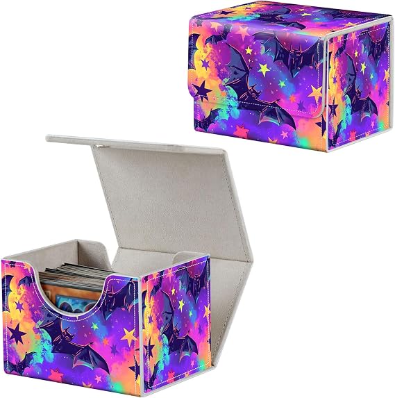 Card Deck Box for MTG, Fits 100+ Single Sleeved Cards, PU Leather Trading Card Storage Box for TCG, CCG, MTG Cards, Strong Magnet Magic Gathering Deck Box, Colorful Bats