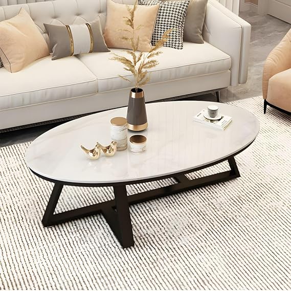 Nordic Slate Oval Coffee Table - Faux Marble Top, Black Base - 39.5"L x 19.5"W x 18"H