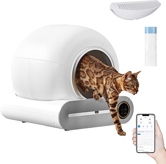 Self-Cleaning Cat Litter Box, Infrared Detector & Weight Sensors, Automatic Odor Removal, 65L+9L Large Capacity, Self-Cleaning for Multiple Cats