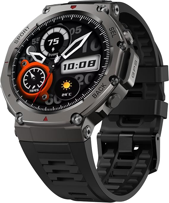 Outdoor GPS Smartwatch, 1.43" AMOLED Display, Titanium Alloy, 5ATM Waterproof, 22-Day Battery, 170+ Sport Modes, Compass, Heart Rate/SpO2/Stress/Sleep Monitor, for Android iOS Men Women (Black)