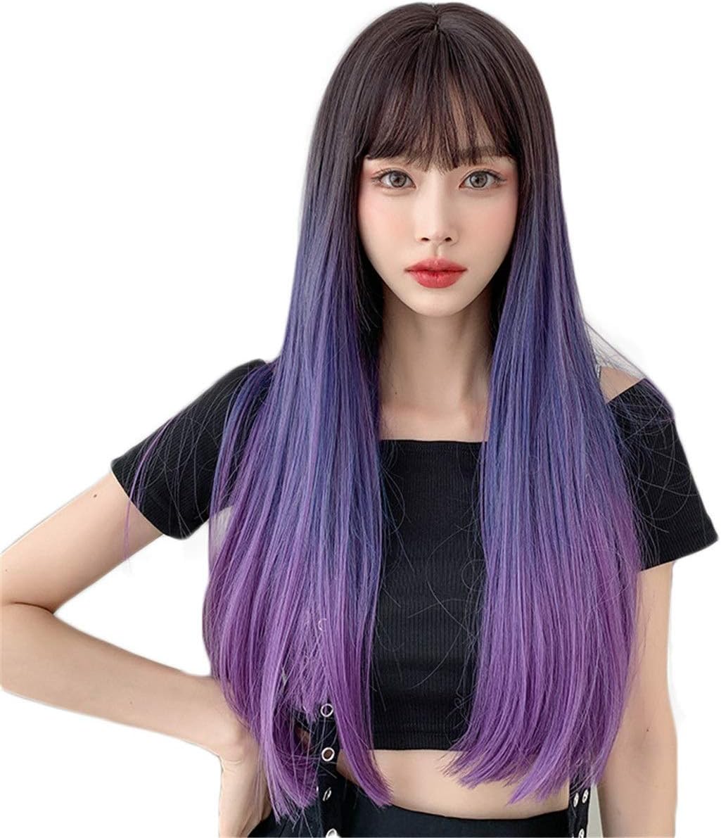 LIUMANG Cosplay Wig Blue Purple Gradient Long Straight Hair Air Bangs Full Top Hair Cover Full Headgear Wig Female Long Hair Suitable for Cosplay Party Wigs Color : Purple, Size : 65cm