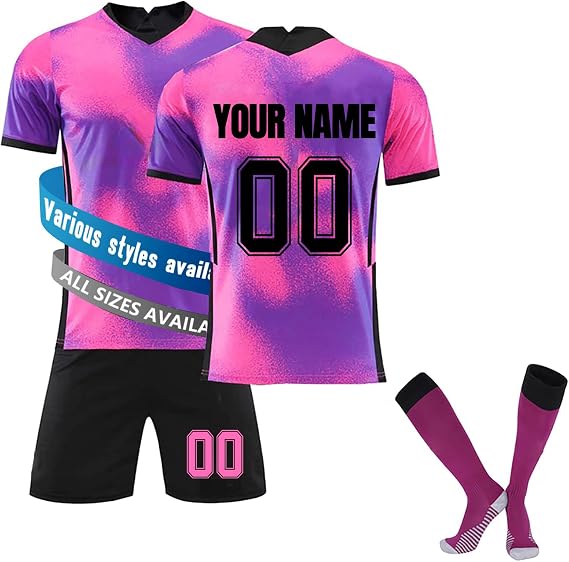 Kids Football Kits, Personalised Football Shirt with Name Number, Training Shirts Shorts and Socks Set, Football Gifts for Boys Men