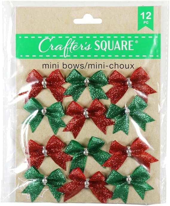Crafter's Square Christmas Miniature Decorative Glitter Tie-On Christmas Bows - Red and Green - 12 Count Small