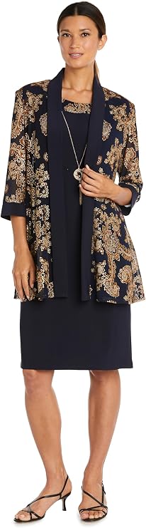R&M Richards Women's 2-Piece Printed Brocade Sheer Jacket with Solid Sheath Dress & Necklace for Formal Occasions