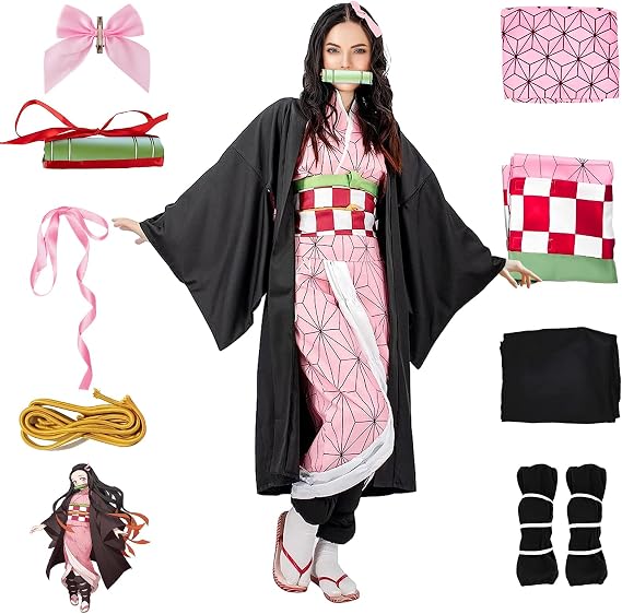 yumcute Nezuko Tanjiro Cosplay Costume with Accessories, Anime Cosplay Costume Kimono Outfit, Carnival Halloween Party Costume