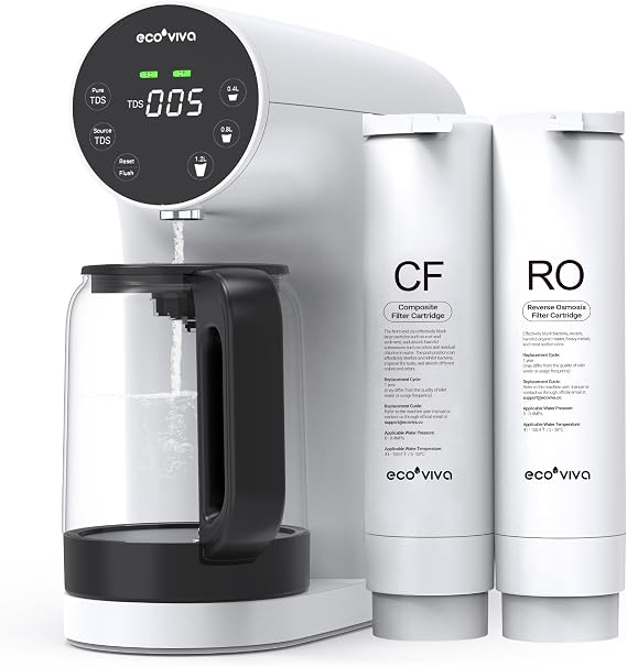 Ecoviva Countertop Reverse Osmosis System RO Water Filter, 4 Stage Filtration, Real-time TDS Monitor, 3:1 Pure to Drain, Zero-Installation Portable Water Purifier (WP-RO-200G White)