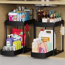 Earning Power Under Sink Storage 2 Tier Sliding Organiser, Multi-Purpose Shelf Organiser, Pull Out Cabinet Basket Drawer with 4 Hooks for Bathroom & Kitchen, 2 Pack(Black)