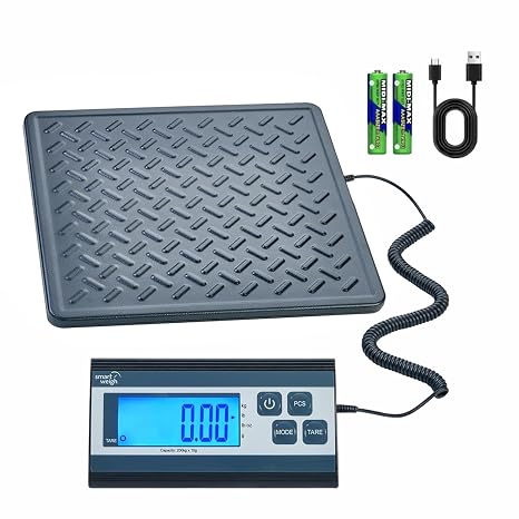 Smart Weigh Digital Postal Shipping Scale, 440 lb Capacity, 1 oz Readability, Tare Function, Battery or USB-C Power, Corded Display, Stainless Steel Large Platform, Black