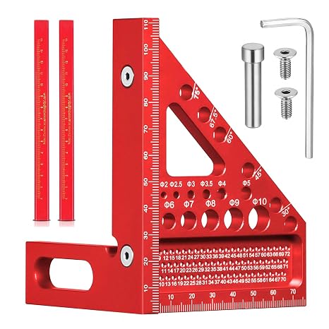 3D Carpenters Square Speed Square 22.5-90°Multi Angle Woodworking Tools | Carpenter Square Tool for Angle Measuring Marking Drilled Hole Angles Position Aid with 2 Pens for Engineers Woodworking Red