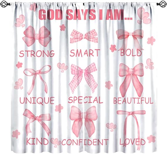 Rose Pink Bow Curtains, God Says I Am Inspirational Quotes Pink Heart Flowers Coquette Aesthetic Window Drapes for Girls Princess Bedroom Party, 42x45in (No Blackout)