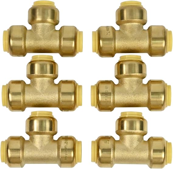 6-Pack 1/2"" Push-Fit Tee w. 1 Free Removing Clip, Lead-Free Brass Push Connection T-fitting,1/2 sharkbite teeFitting To Connect Pex, Copper, CPVC And Disconnect Clips.