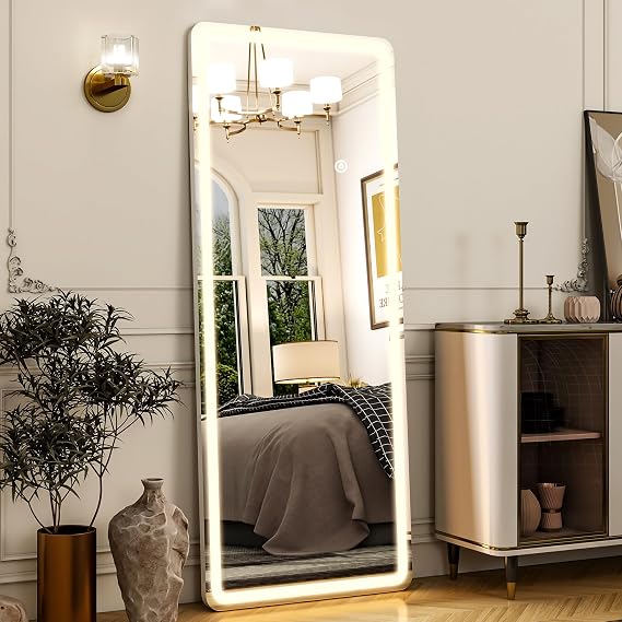 Easly 21"x56" Rectangular Full Length Mirror with LED Lights, Standing or Wall-Mounted Full Body Mirror with Stand, Dimmable 3-Color Lighted Floor Mirror for Bedroom, Dressing Room, Cloakroom