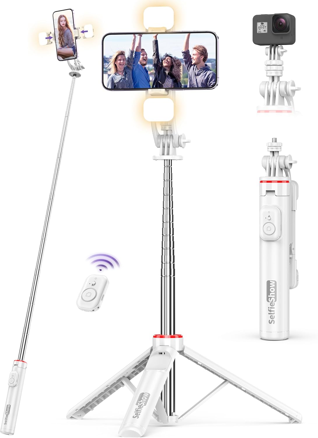 SelfieShow Selfie Stick Tripod with 2 Dimmable Fill Lights, 3 Light Modes & 6 Brightness Levels, Extendable Phone Tripod with Detachable Remote & Phone Holder, Compatible with iPhone 15/14/13/Android