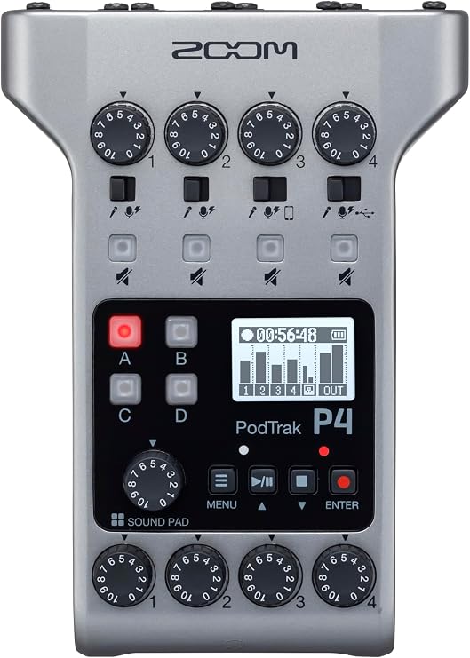 Zoom PodTrak P4 Podcast Recorder with 4 XLR Mic Inputs, 4 Headphone Outputs, Phone & USB Input for Remote Interviews, Sound Pads, 2-In/2-Out USB Audio Interface, Battery Powered | Phone and USB Input for Remote Interviews, Sound Pads, 2-In/2-Out USB Audio Interface, Battery Powered