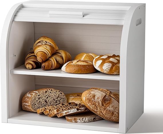G.a HOMEFAVOR Bamboo Bread Bin 2-Layer Bread Box, Roll-Top Bread Storage for Kitchen with Removable Layer, Self Assembly, White | Large Roll Top Bread Storage Container, Bread Holder Food Bin for Countertop, Self-Assembly