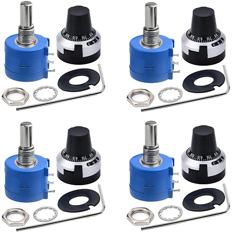 4pcs 3590S-2-103L 10K ohm Rotary 10-Turn Wire Wound Potentiometer | Model 3590S-2-103L 10-turn wirewound rotary potentiometer. Each set includes a counting dial knob for intuitive reading