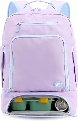 J World New York 2-in-1 Insulated Backpack Lunch Box for Kids. Adult School Bookbag, Purple