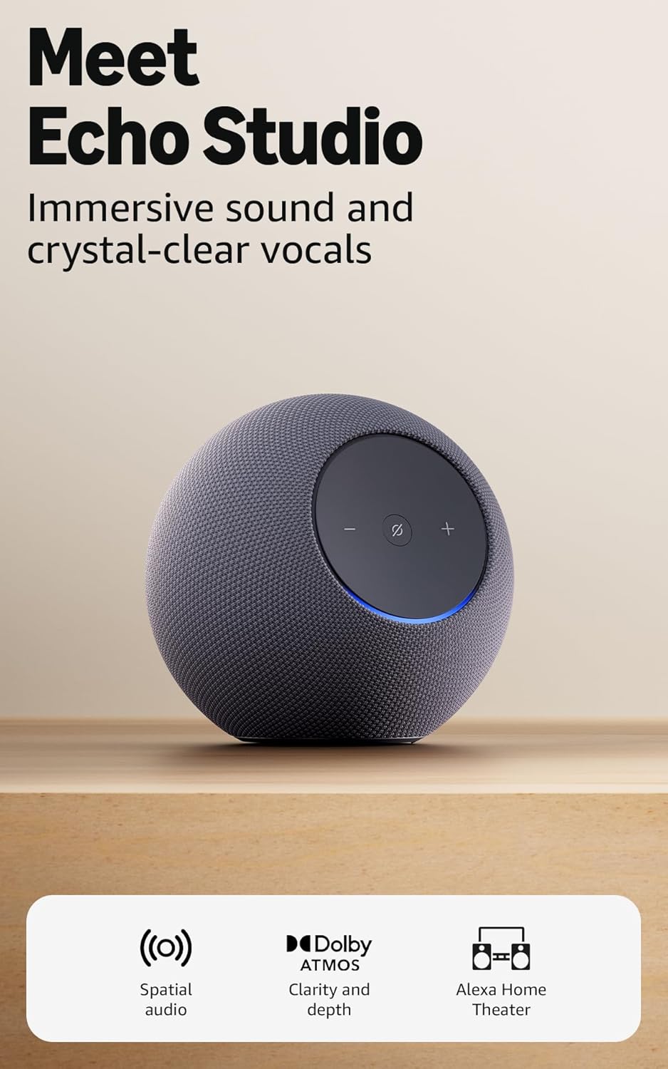 Amazon Echo Studio (newest gen), compact design, immersive spatial audio and Dolby Atmos, Graphite, with Alexa+ Early Access