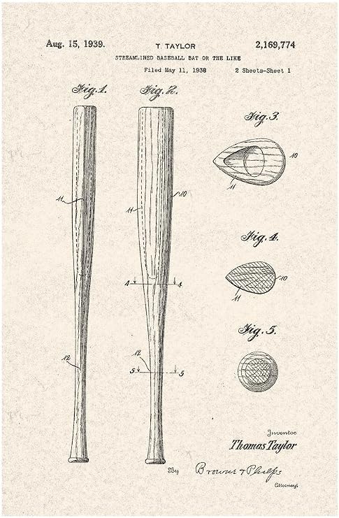 Baseball Bat 1939 Official Patent Diagram Cool Wall Art Print Poster 16x24