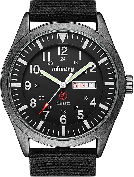 Infantry Mens Military Field Watch, 12/24H Day Date, 5ATM Waterproof Nylon | Tactical Army Style, Analog Quartz, Day Date Window, Breathable Band for Outdoor Work Sport