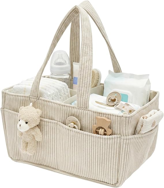 Baby Nappy Caddy Organiser, Premium Corduroy & Felt Nursery Diaper Storage Basket with Handles, Portable Car Travel Organiser Bag with Detachable Dividers & Teddy Bear Charm(Beige)