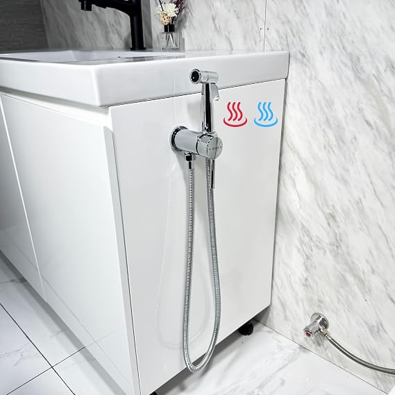 Handheld Bidet Sprayer for Toilet Warm Water Mounted on The Bathroom Vanity,Stainless Steel Hot and Cold Bidet Sprayer with Brass Mixing Valve for Feminine Hygiene (Chrome)