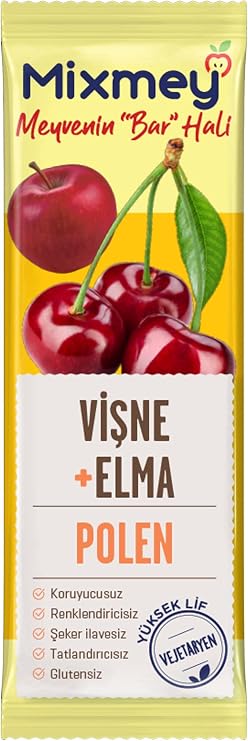 Mixmey Bee Polenli Vişne Meyve Bar 12 Adet | Glutensiz Sağlıklı Atıştırmalık - 25gr X 12 Adet