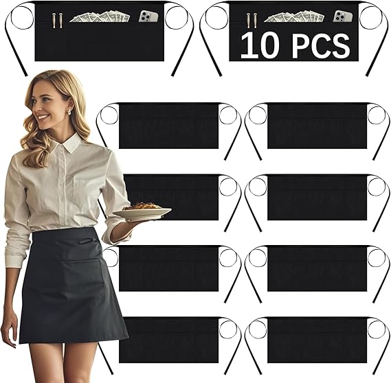 10 PCS Server aprons with 3 pockets - Reinforced tailor edge restaurant apron,black waitress apron (10 PCS) (10 PCS)
